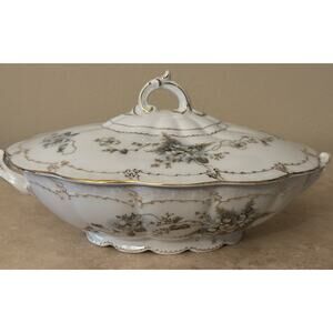 Vtg. Porcelain Tureen Floral Pattern Gold Trim Oval w/ Lid & Handles Glossy